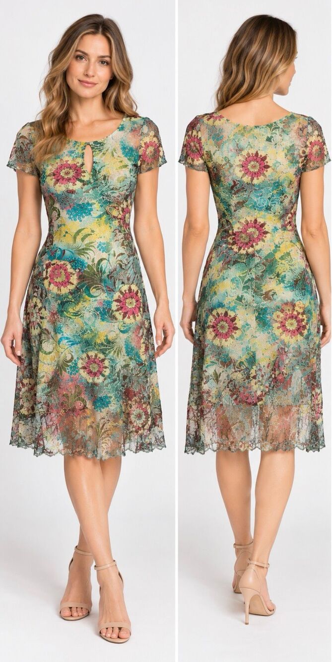 Komarov Floral Crinkle Mesh Midi Dress M Fairycore Art to Wear USA